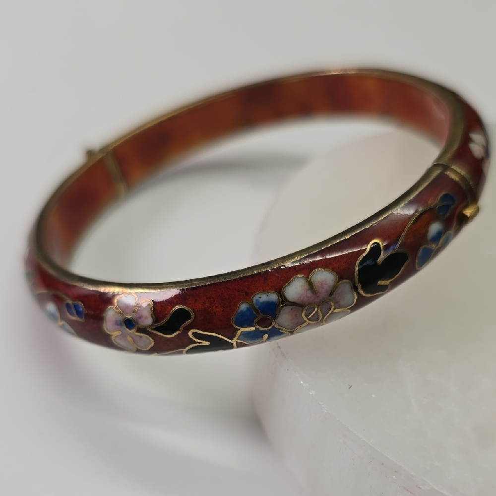 Hinged Floral Cloisonné Bangle Bracelet